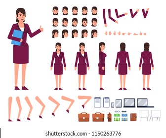 Businesswoman creation kit. Create your own action, pose, animation. Various design elements, gestures, avatars. Flat design vector illustration