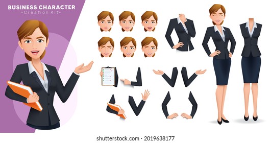 Juego de vectores de kit de creación de mujeres de negocios. Kit de caracteres de mujer de negocios en pose editable y gestos de partes del cuerpo y expresión facial para diseño de creador de empleada femenina. Ilustración del vector
