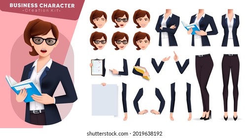 Businesswoman creation kit vector set. Business woman editable character kit with standing and holding pose and gesture for body parts and facial expressions creator design. Vector illustration
