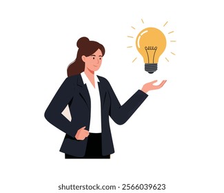 Businesswoman with Creative Idea - Illustration of a Woman Holding a Glowing Light Bulb