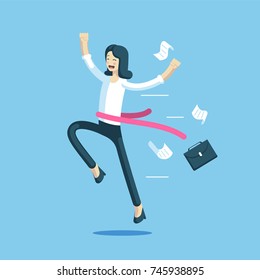 Businesswoman crossed the finish line first. Office worker with a red ribbon at the waist rejoice her victory. Business concept success and winner. Vector business character