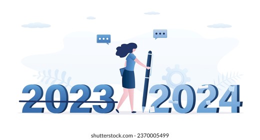 Businesswoman crossed out 2023. New opportunities, goals for new year 2024. Expectations, forecasts and hopes for the new year 2024. Businessman holding pen for writing business plan. flat vector