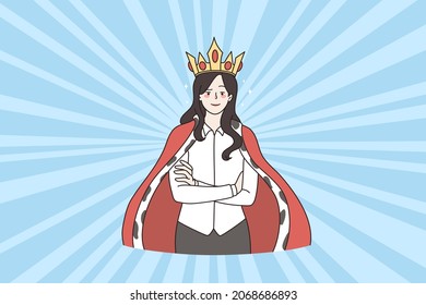 Businesswoman in crown and robe feel successful confident at work. Woman boss or CEO show power leadership. Business queen. Professional achievements, goal achievement. Flat vector illustration. 