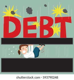 Businesswoman crushed by debt, vector illustration cartoon