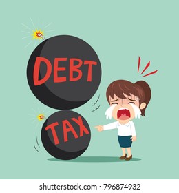 Businesswoman crying with debt tax, illustration vector cartoon