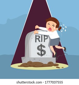 Businesswoman crying at money grave, illustration vector cartoon
