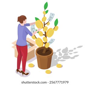 Businesswoman cultivating money tree hanging dollar coins and banknote