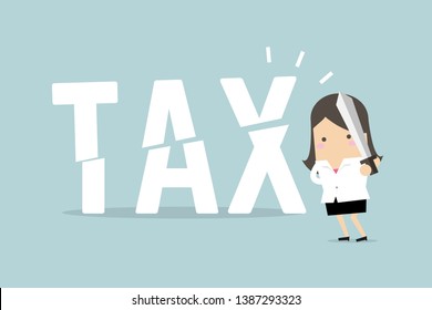 Businesswoman cut tax with sword. Business concept of reducing and lowering taxes.