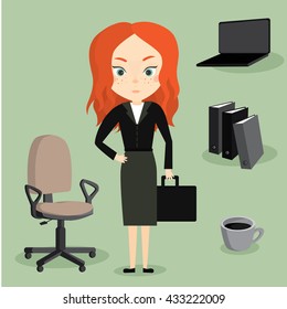 Businesswoman. Cute beautiful young woman at work. Office worker. Vector set