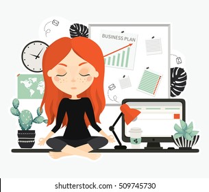 Businesswoman. Cute beautiful young woman at work. Office worker. Desktop. Workplace with note board, lamp, coffee, cacti and computer. Cute vector illustration.