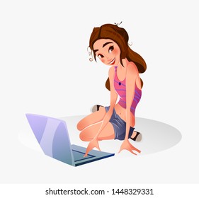 Businesswoman and cute blogger girl with laptop. Colored vector illustration