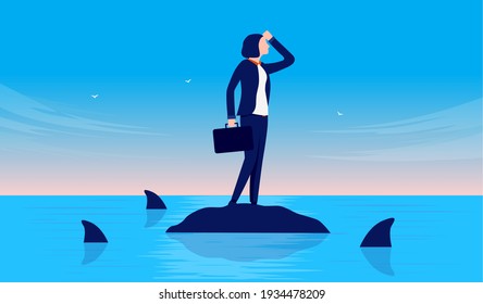 Businesswoman in danger - Woman standing on rock surrounded by dangerous sharks. Business problem and adversity concept. Vector illustration.