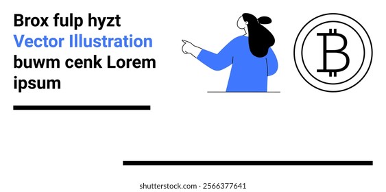 Businesswoman with dark hair in blue attire pointing at a Bitcoin symbol on a white background with placeholder text. Ideal for finance, cryptocurrency, business, technology, and marketing. Landing