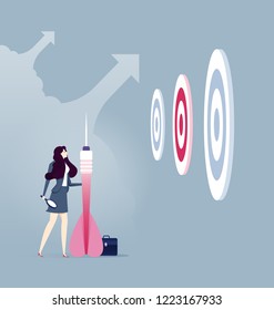 businesswoman with darts in hand looks at the target. Achievement of goal. Vector illustration flat design. Aspirational people. Challenge achieve aim.
