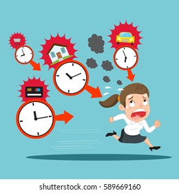 Businesswoman debtor running with time management payments, vector illustration cartoon