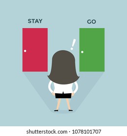 Businesswoman decision in front of two doors stay or go. vector