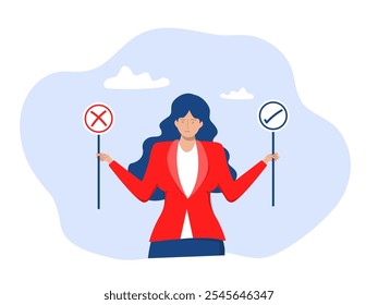 Businesswoman decision right or wrong, true or false, correct and incorrect, moral choosing option concept, thoughtful.flat design with people.vector