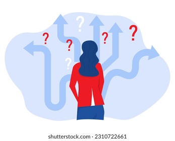 Businesswoman Decision Which Way at arrows pointing to many directions. vector illustration.