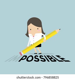 Businesswoman is deleting wording "im" from impossible with eraser on floor. vector
