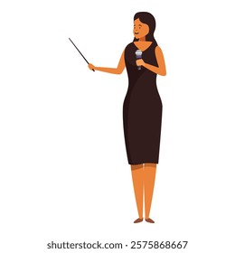 Businesswoman is delivering a presentation, holding a microphone and pointing with a pointer stick