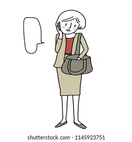 Businesswoman delving into her shoulder bag while talking on phone. Busy woman talking on phone and digging in to her bag searching for something. Woman dealing job outside office.