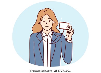 Businesswoman demonstrating ID badge to gain access to room or to introduce herself when meeting colleague. Girl manager in business clothes shows ID badge giving right enter office.