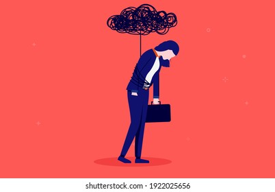 Businesswoman Depression - Woman Tied Up With Black Cloud From Overwork. Brain Fog And Depression Concept. Vector Illustration.