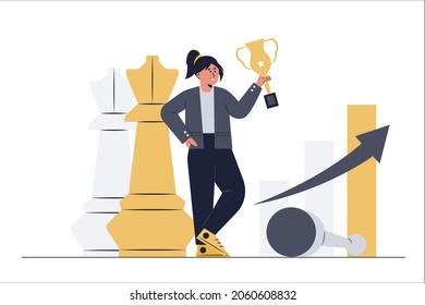 A businesswoman devise strategies to achieve goals and trophies like walking chess.