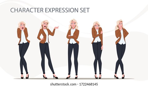 Businesswoman in different emotions and expressions. Busines person in casual office look.