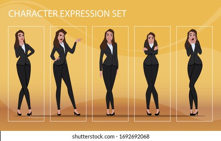 Businesswoman in different emotions and expressions. Businessperson in casual office look. Fasion lady