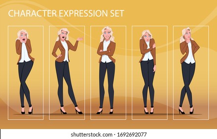 Businesswoman in different emotions and expressions. Businessperson in casual office look. Fasion lady