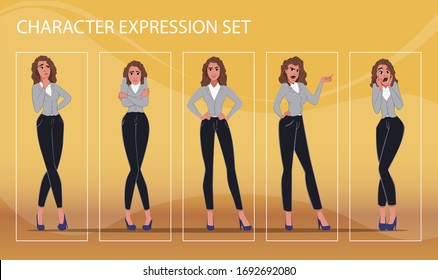 Businesswoman in different emotions and expressions. Businessperson in casual office look. Fasion lady
