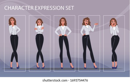 Businesswoman in different emotions and expressions. Businessperson in casual office look. Fashion lady