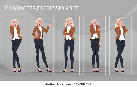 Businesswoman in different emotions and expressions. Businessperson in casual office look. Fashion lady