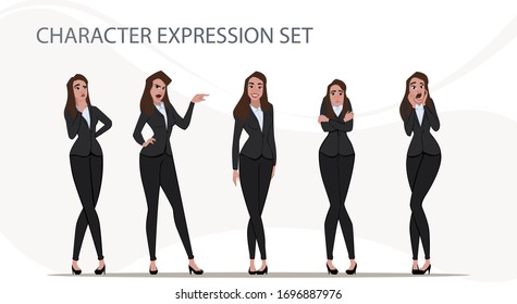 Businesswoman in different emotions and expressions. Businessperson in casual office look. Fashion lady