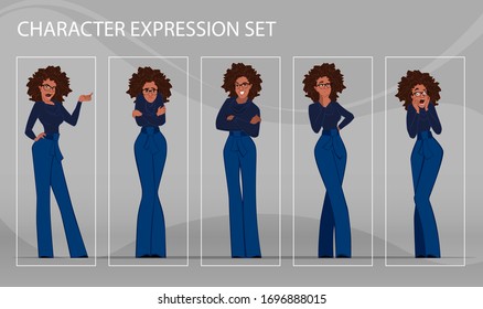Businesswoman in different emotions and expressions. Businessperson in casual office look. Fashion lady