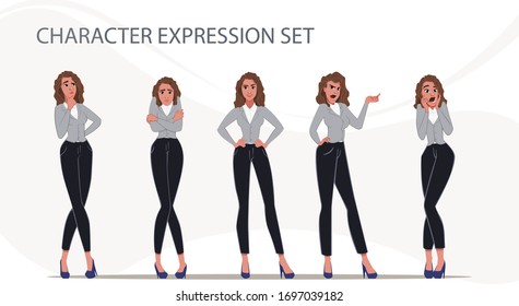 Businesswoman in different emotions and expressions. Businessperson in casual office look. Fashion lady