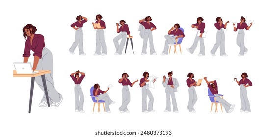 Businesswoman in different poses set. Business girl in suit works at laptop. Busy woman with papers stands, sits on chair, relaxes, uses phone. Flat isolated vector illustrations on white background