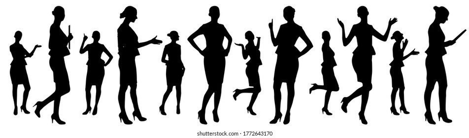 Businesswoman in different poses, a set of silhouettes. Vector illustration