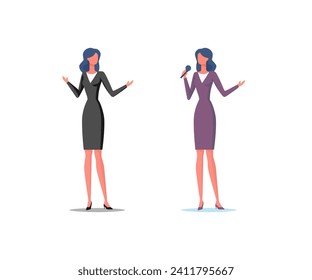 Businesswoman in different poses speech. Professional orator, good lecturer, coach with microphone. Flat vector illustration isolated on white background.