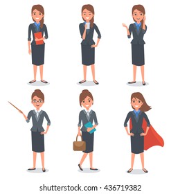 Businesswoman in different poses. Vector illustration.