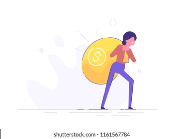 A businesswoman with difficulty is carrying on her back a huge bag of money with a dollar sign. Modern character. Flat vector illustration.