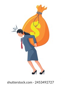 Businesswoman with Difficulty Carrying on Her Back Big Bag of Money with Dollar Sign. Business Woman Dragging Heavy Giant Money Sack. Tax, Debt, Fee, Crisis and Bankruptcy. Flat Vector Illustration