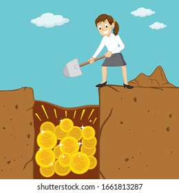 Businesswoman dig with shovel to success with money, illustration vector cartoon