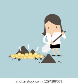 Businesswoman digging a ground to find treasure coin.