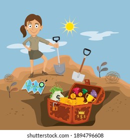 Businesswoman digging up treasure, illustration vector cartoon