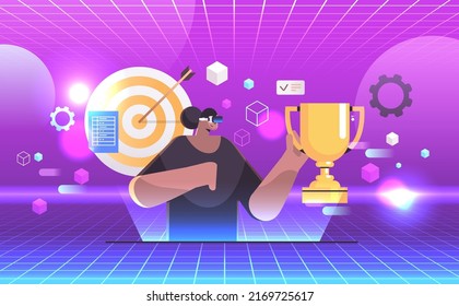 businesswoman in digital vr glasses holding trophy cup victory achievement virtual reality vision headset innovation metaverse