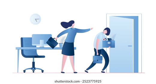 Empresaria despedida trabajadora. Empleada caucásica de la mujer del fuego del jefe. Personajes de personas de negocios aislados sobre fondo blanco. Crisis y recesión, desempleo. Ilustración vectorial plana