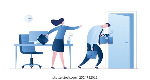 Empresaria despedida trabajadora. Jefe caucásico despide a empleado masculino. Personajes de personas de negocios aislados sobre fondo blanco. Crisis, recesión y desempleo. Ilustración vectorial plana