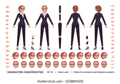 Businesswoman DIY character constructor. Office girl body parts. Head, hand gestures, leg, female manager different emotions. Vector flat style cartoon construction kit isolated on white background